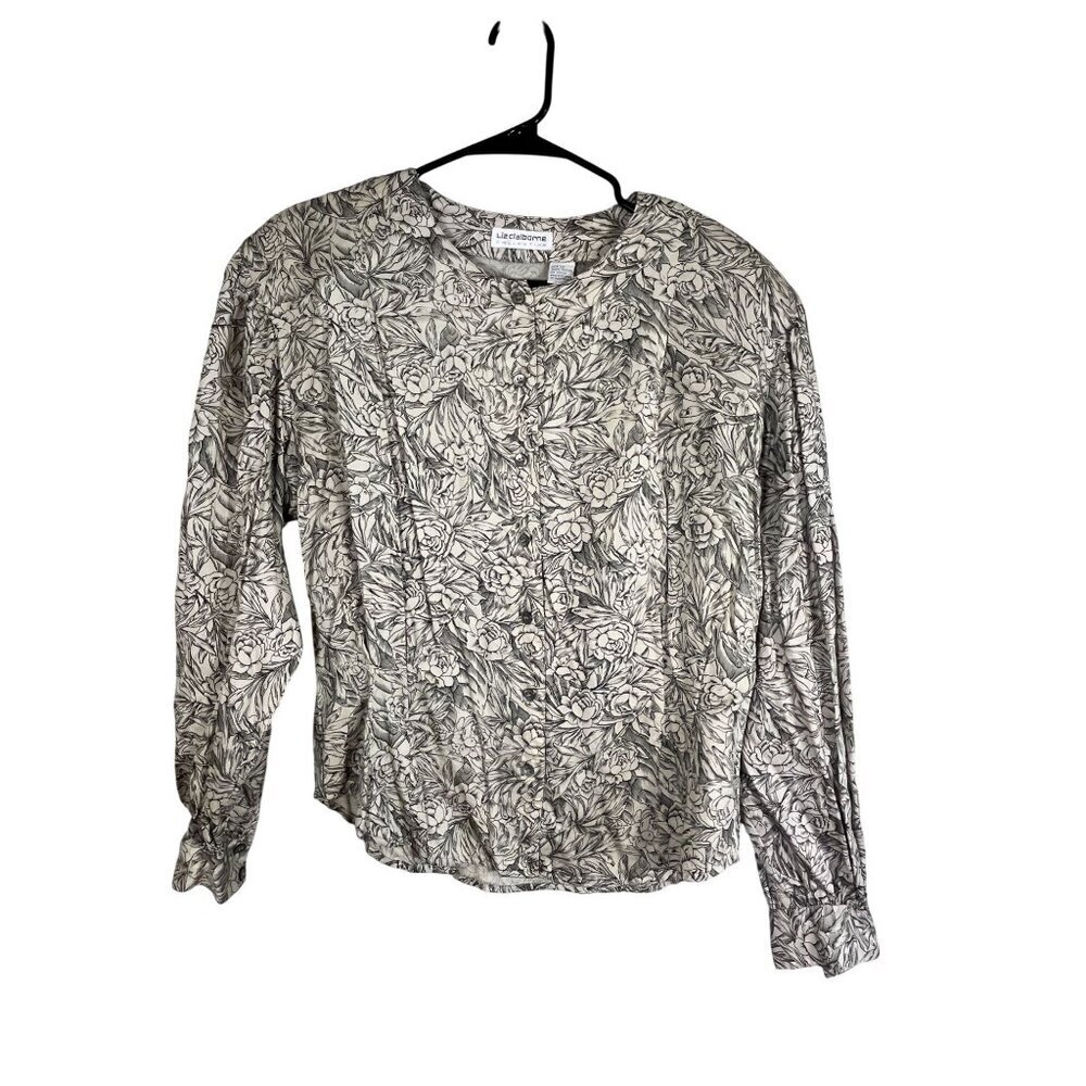 Retro Floral Top 10 Tan Neutral Classic Chic Preppy Feminine Work Wear Boho Folk